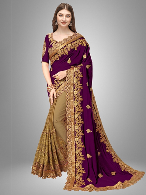 

Trendmalls Purple & Gold-Toned Floral Embroidered Pure Silk Saree