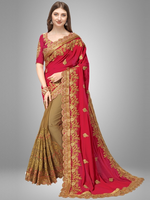 

Trendmalls Pink & Gold-Toned Floral Embroidered Pure Silk Saree