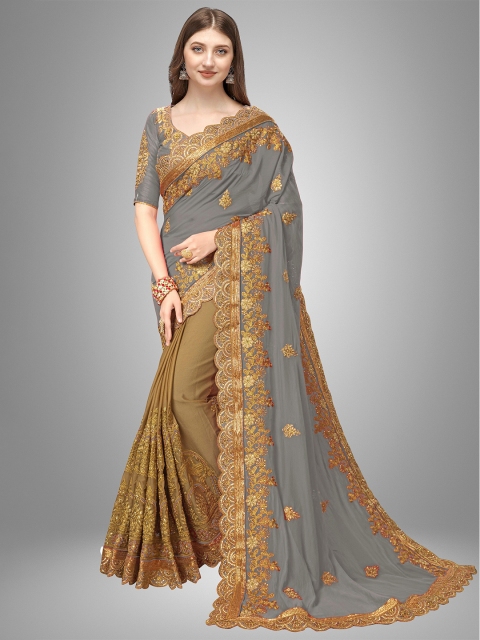 

Trendmalls Grey & Gold-Toned Floral Embroidered Pure Silk Saree