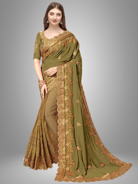 

Trendmalls Sea Green & Gold-Toned Floral Embroidered Pure Silk Saree