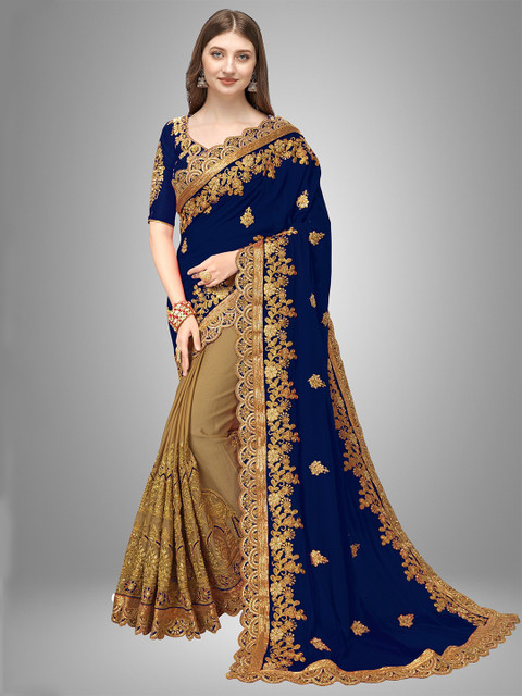 

Trendmalls Blue & Beige Floral Embroidered Pure Silk Saree