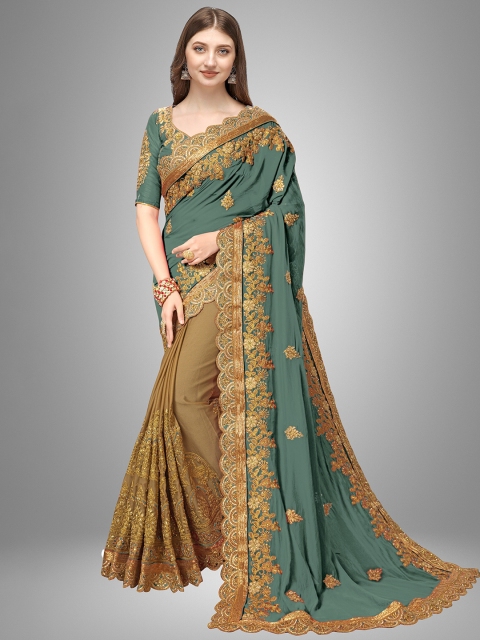 

Trendmalls Sea Green & Gold-Toned Floral Embroidered Pure Silk Saree