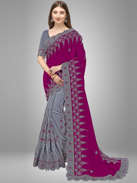 

Trendmalls Purple & Grey Floral Embroidered Pure Silk Saree