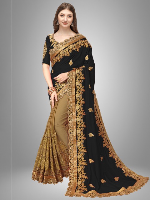

Trendmalls Black & Beige Floral Embroidered Pure Silk Saree