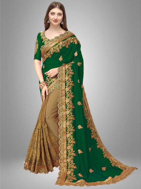 

Trendmalls Green & Gold-Toned Floral Embroidered Pure Silk Saree
