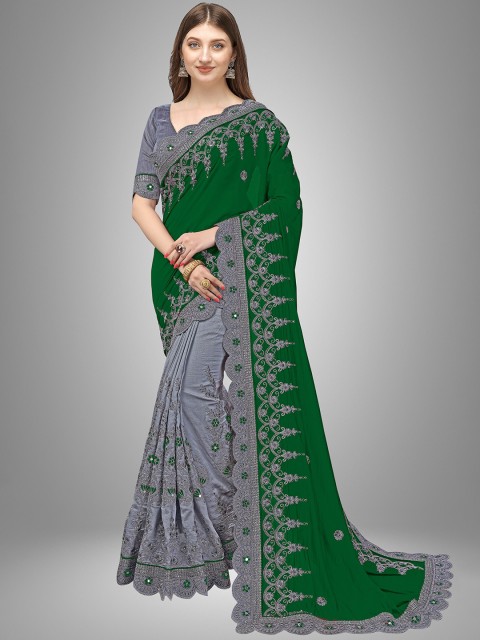 

Trendmalls Green & Grey Floral Embroidered Pure Silk Saree