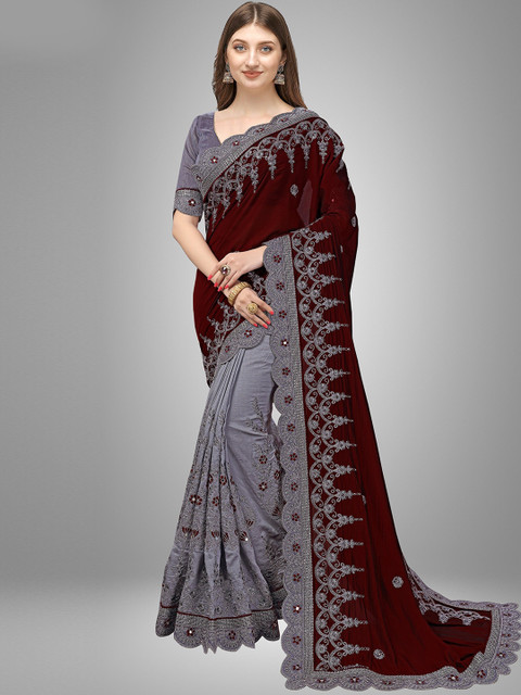 

Trendmalls Brown & Grey Floral Embroidered Pure Silk Saree