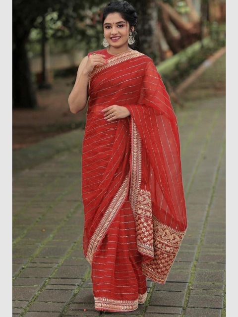 

Trendmalls Red & Gold-Toned Striped Embroidered Silk Blend Saree