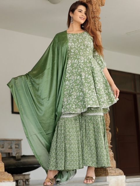 

TOULIN Women Green Floral Printed Kurta with Sharara & Dupatta