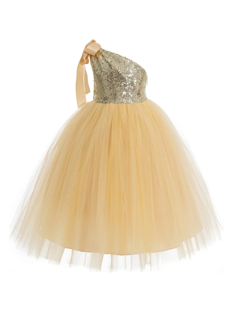 

Samsara Couture Girls Gold-Toned Embellished One Shoulder Net Maxi Dress