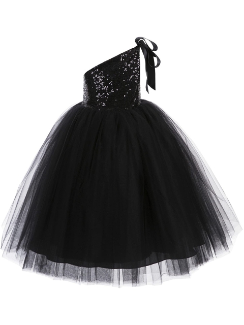 

Samsara Couture Girls Black Embellished One Shoulder Net Maxi Dress