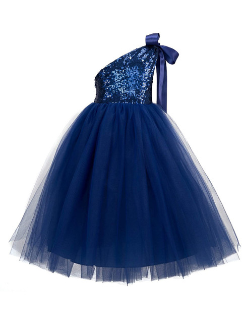 

Samsara Couture Kids Girls Navy Blue Embellished One Shoulder Net Maxi Dress