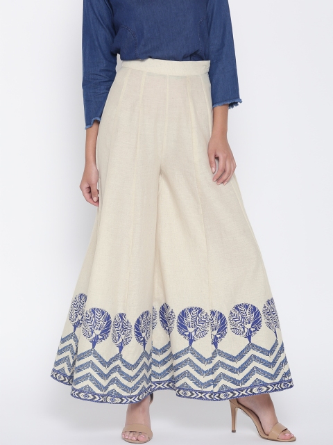 

Rangriti Women Cream-Coloured & Blue Chevron Print Flared Palazzos