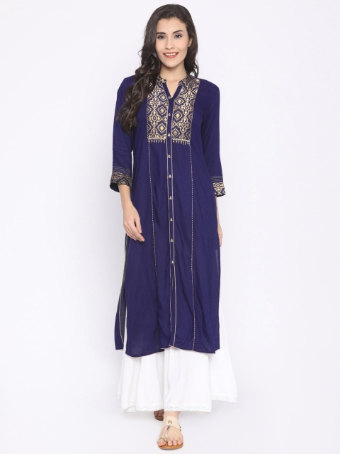 

Rangriti Women Navy Embroidered Straight Kurta, Navy blue