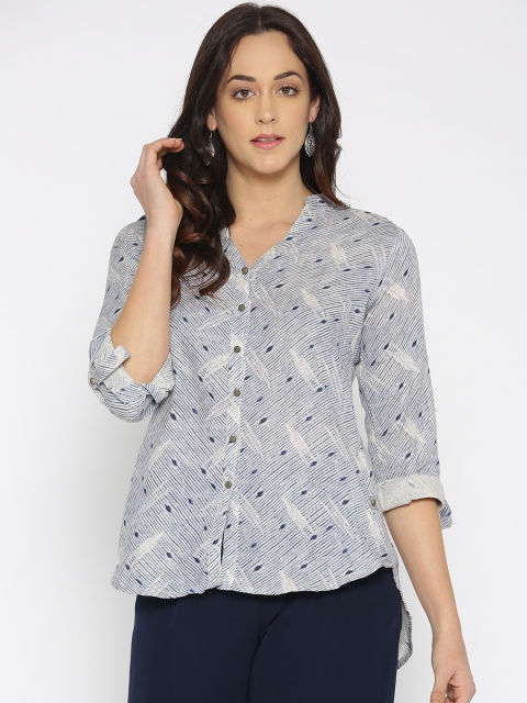 

Rangriti Women Off-White & Blue Printed Shirt Style Top