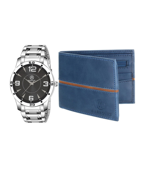 

MARKQUES Men Silver toned Watch & Blue Leather Wallet Combo Gift Set BON-770109 EGO-4405