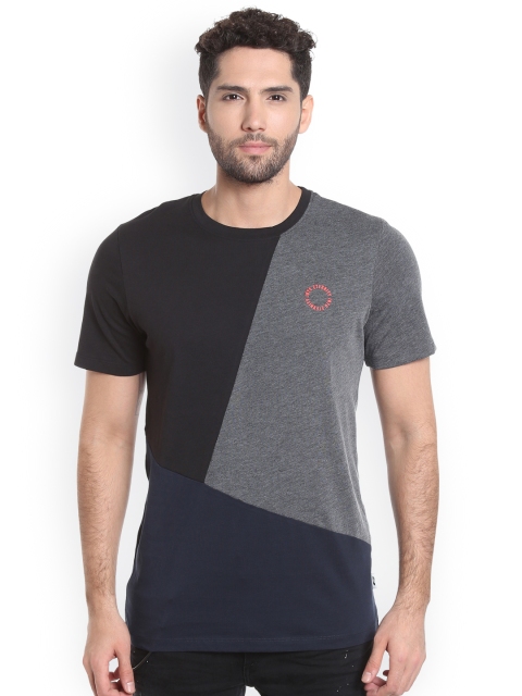 

Jack & Jones Men Black & Charcoal Grey Colourblocked Round Neck T-Shirt