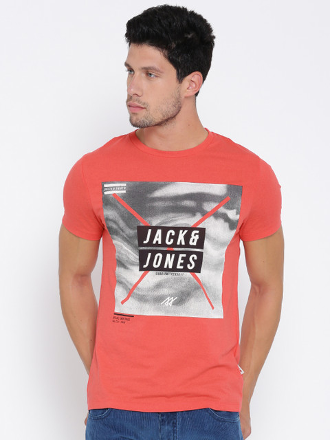 

Jack & Jones Men Coral Red Printed Round Neck T-shirt