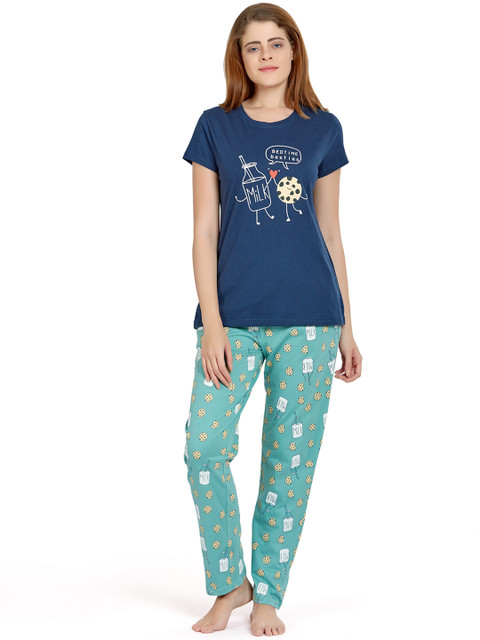 

MAYSIXTY Women Navy Blue & Green Printed Night suit