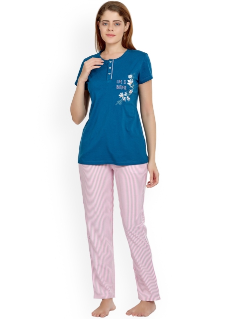 

MAYSIXTY Women Navy Blue & Pink Printed Night suit