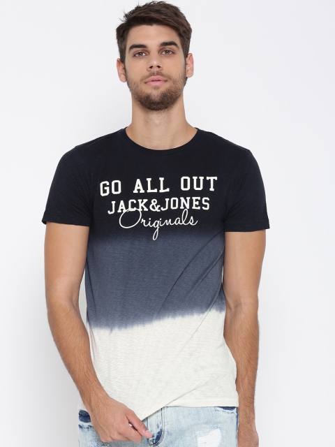 

Jack & Jones Men Navy & White Printed Round Neck T-shirt, Navy blue