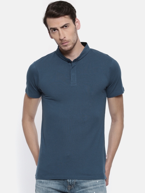 

Jack & Jones Men Blue Slim Fit Solid High Mandarin Collar T-shirt