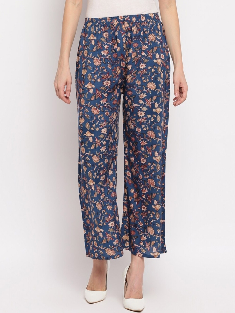

Aawari Women Blue Floral Printed High-Rise Trousers