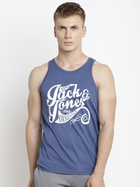 

Jack & Jones Men Teal Blue Printed Round Neck Sleeveless T-shirt