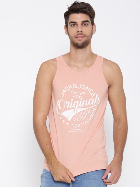 

Jack & Jones Men Peach-Coloured Printed Round Neck Sleeveless T-shirt