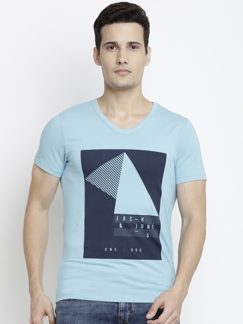 

Jack & Jones Men Sea Green Printed V-Neck T-shirt