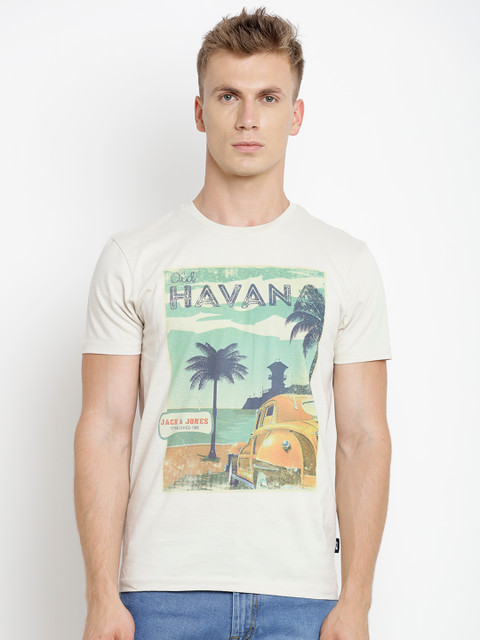 

Jack Jones Men Beige Printed Round Neck Pure Cotton T-shirt