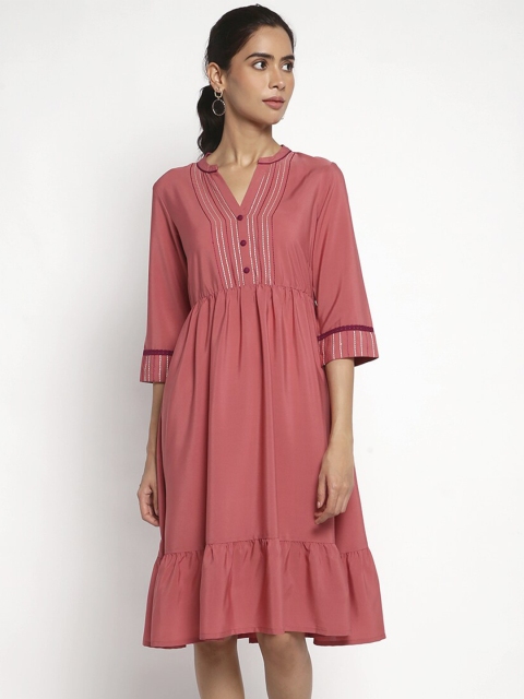 

AURELIA Pink Tie-Up Neck Satin Ethnic Dress