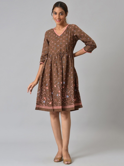 

AURELIA Brown Floral Satin Ethnic Dress