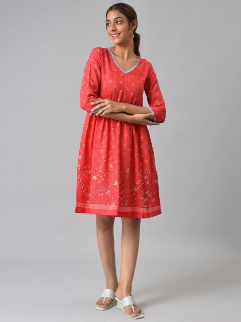 

AURELIA Women Red Floral Satin A-Line Ethnic Dress