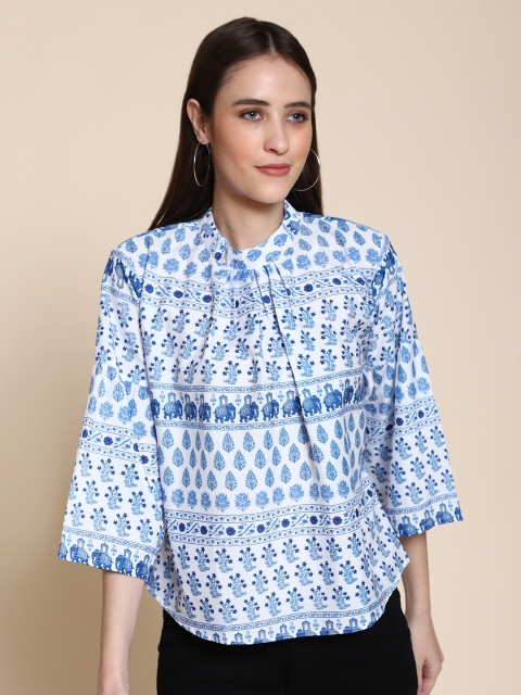

ARPORA White & Blue Printed Crepe Top
