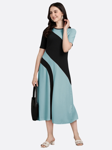 

LONDON BELLY Turquoise Blue & Black Colourblocked A-Line Midi Dress