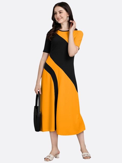 

LONDON BELLY Yellow Colourblocked A-Line Midi Dress