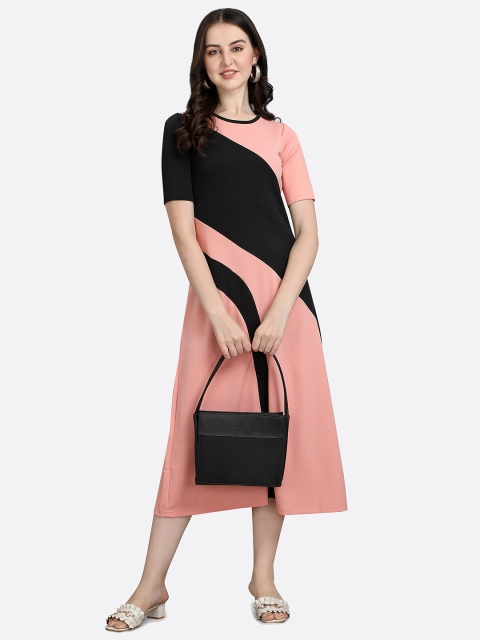 

LONDON BELLY Peach-Coloured Colourblocked A-Line Midi Dress