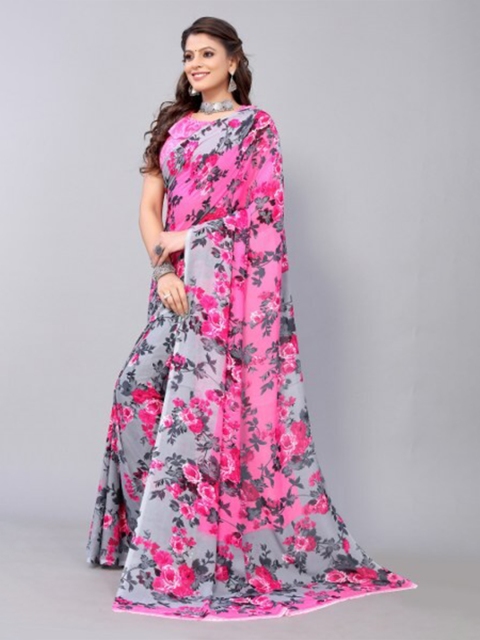 

Yashika Pink & Grey Floral Saree