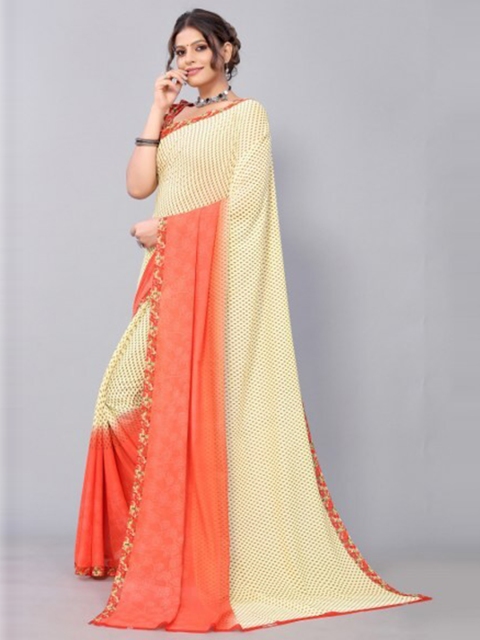 

Yashika Red & Cream-Coloured Colourblocked Saree