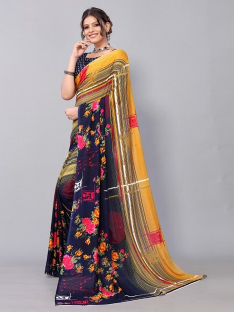 

Yashika Blue & Yellow Floral Saree