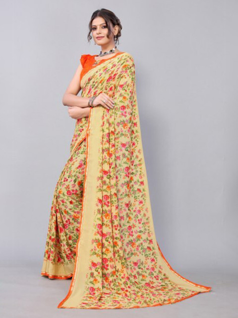 

Yashika Cream-Coloured & Orange Floral Georgette Saree