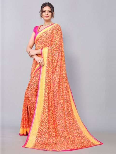 

Yashika Orange & Yellow Floral Georgette Saree