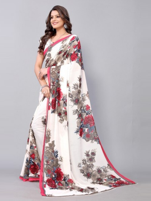 

Yashika White & Maroon Floral Georgette Saree