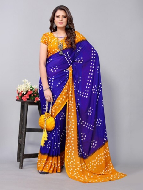 

Yashika Blue & Yellow Bandhani Georgette Saree