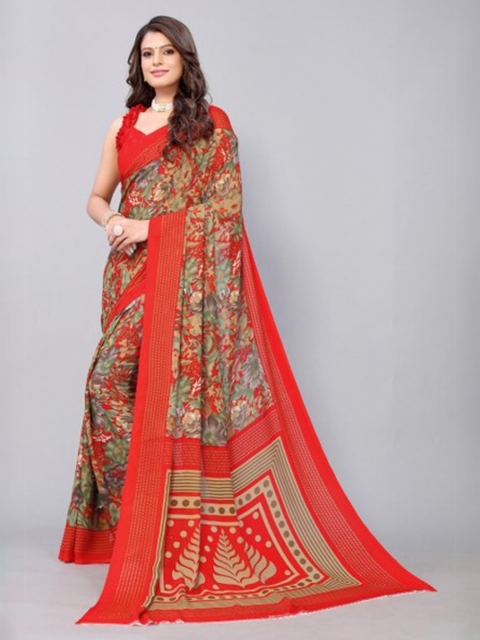 

Yashika Red & Green Floral Georgette Saree