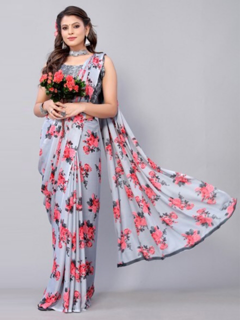 

Yashika Grey & Pink Floral Georgette Saree