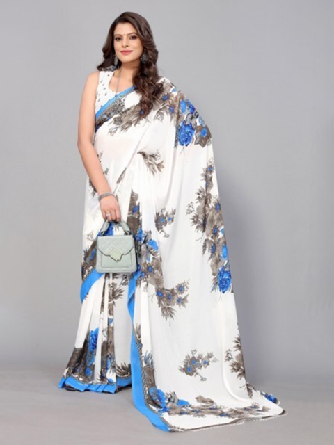 

Yashika White & Blue Floral Georgette Saree