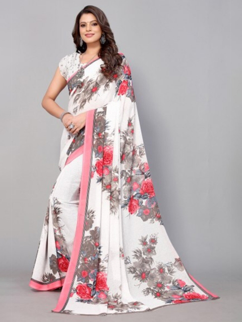 

Yashika White & Pink Floral Georgette Saree