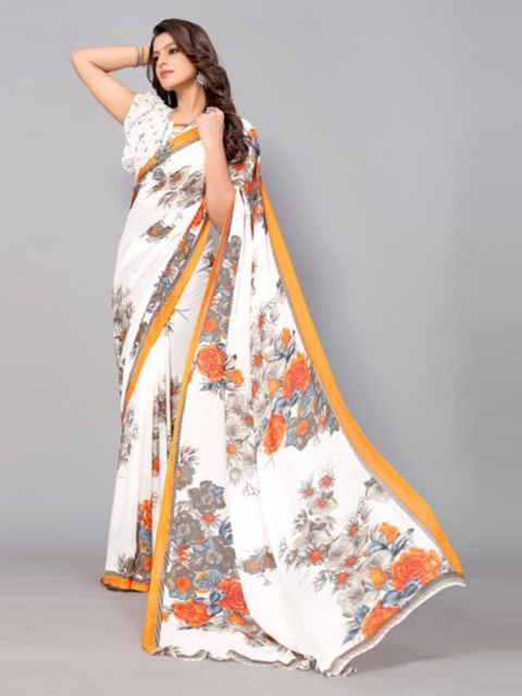 

Yashika White & Orange Floral Georgette Saree